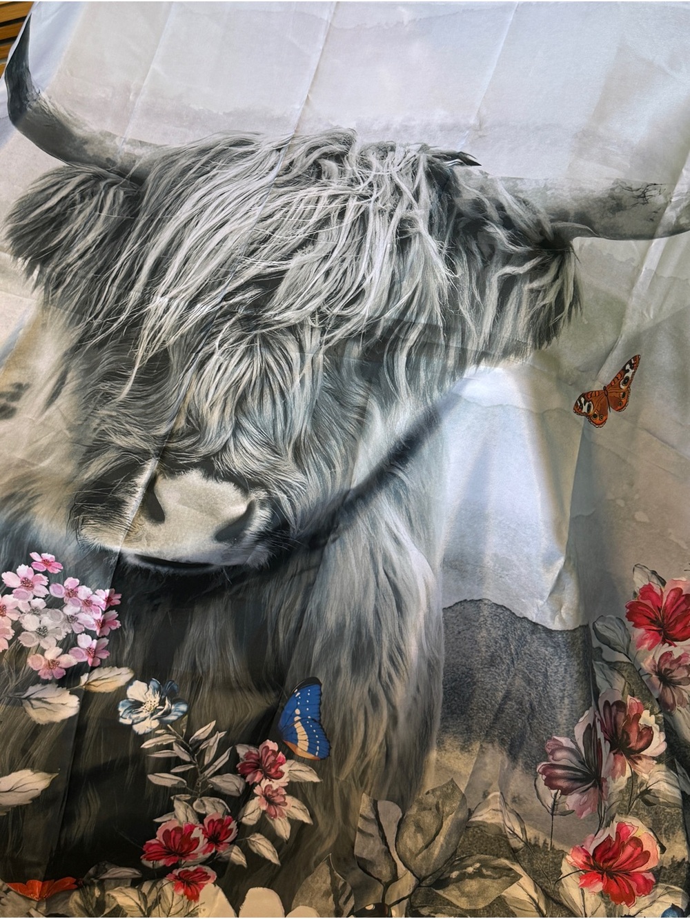 Grey Highland Cow Shower Curtain with Floral & Butterfly Accents